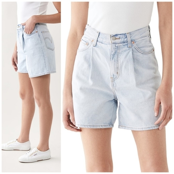 Levi's Ribcage Shorts Pleated Rigid Denim Jeans Wide Loose High Waisted - Picture 2 of 6